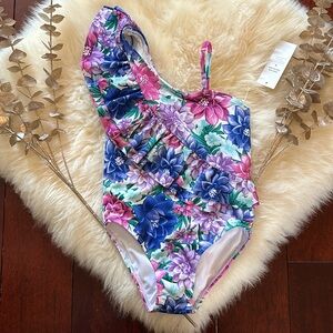 NWT Janie and Jack retro blue purple floral one shoulder flutter girls swimsuit!